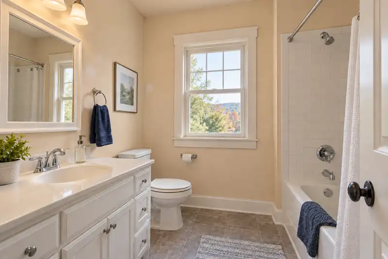 Illustrative before: dated paint and everyday wear in the same bathroom
